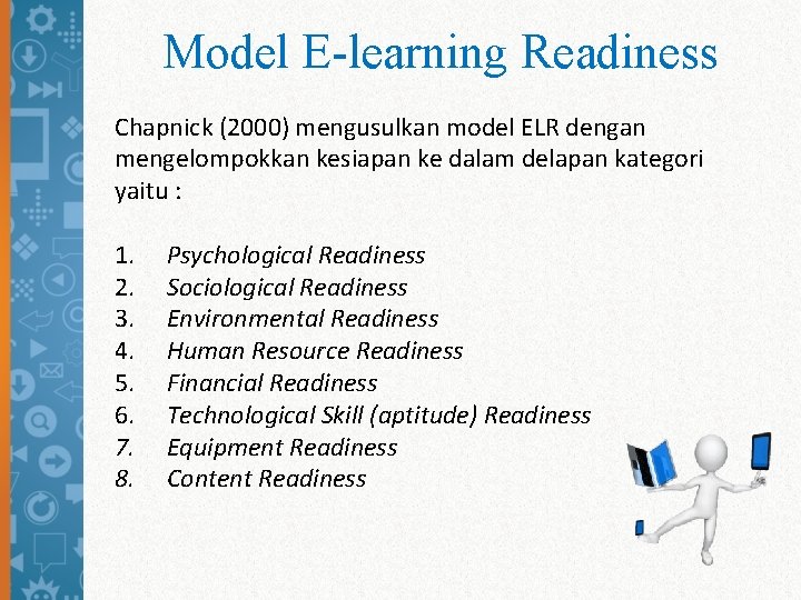 Model E-learning Readiness Chapnick (2000) mengusulkan model ELR dengan mengelompokkan kesiapan ke dalam delapan