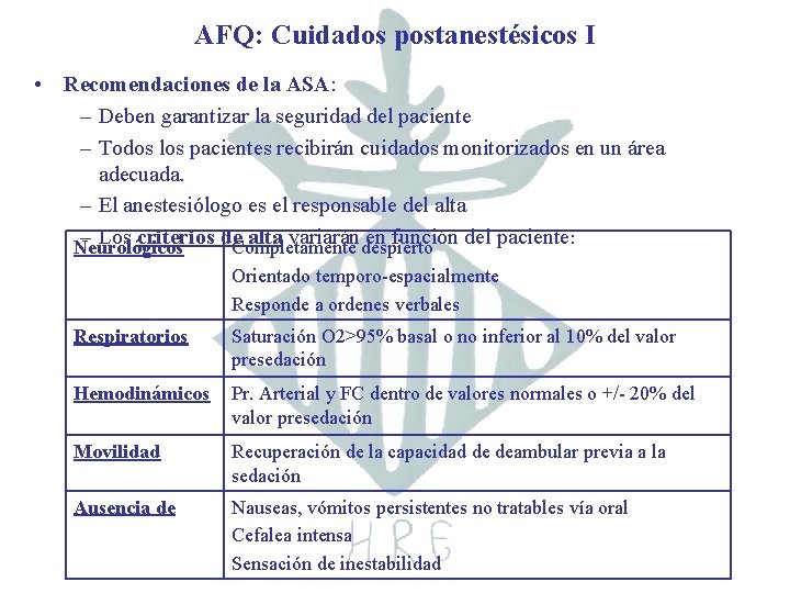 AFQ: Cuidados postanestésicos I • Recomendaciones de la ASA: – Deben garantizar la seguridad