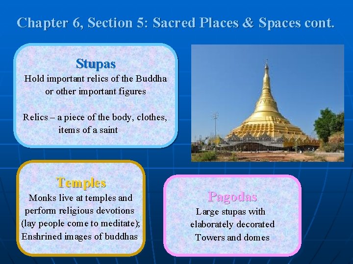 Chapter 6, Section 5: Sacred Places & Spaces cont. Stupas Hold important relics of Chapter 6, Section 5: Sacred Places & Spaces cont. Stupas Hold important relics of