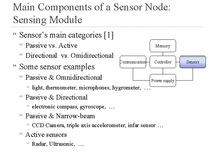 Main Components of a Sensor Node: Sensing Module Sensor’s main categories [1] Passive vs.