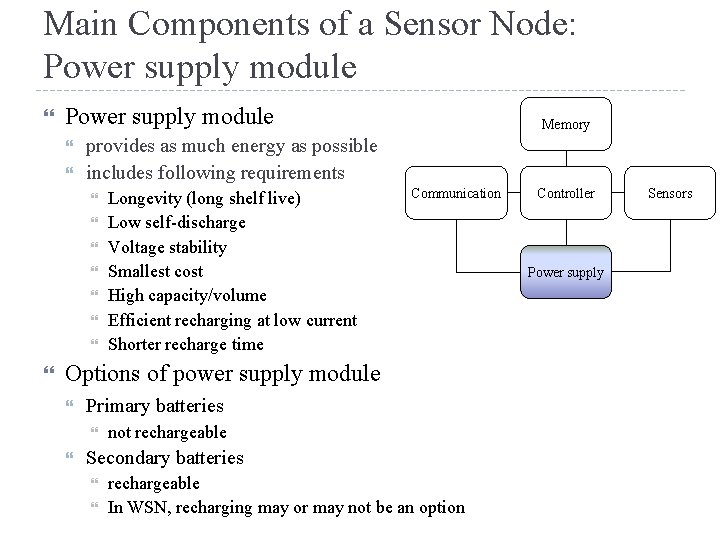 Main Components of a Sensor Node: Power supply module provides as much energy as