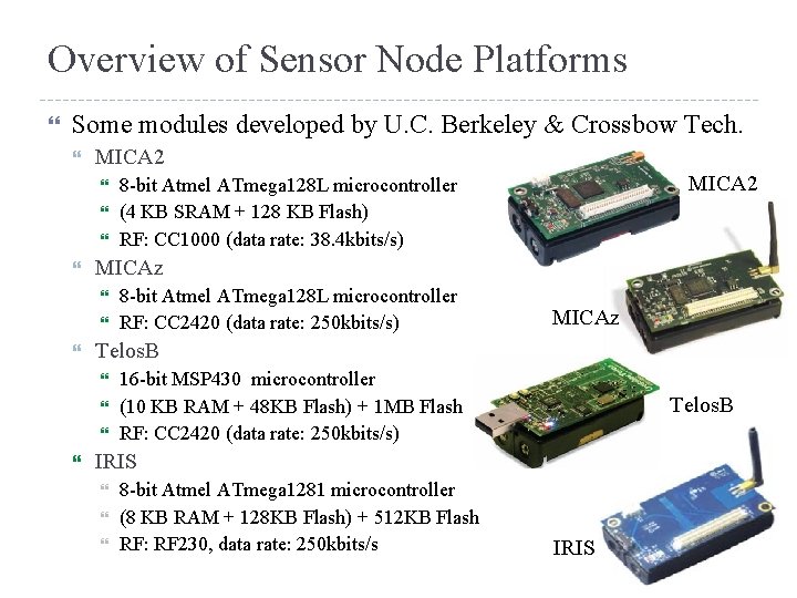 Overview of Sensor Node Platforms Some modules developed by U. C. Berkeley & Crossbow