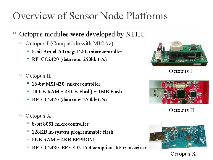 Overview of Sensor Node Platforms Octopus modules were developed by NTHU Octopus I (Compatible
