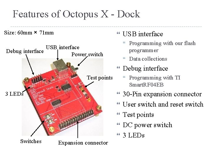 Features of Octopus X - Dock Size: 60 mm × 71 mm USB interface