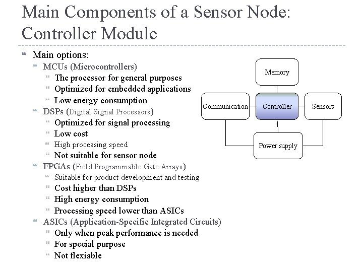 Main Components of a Sensor Node: Controller Module Main options: MCUs (Microcontrollers) The processor