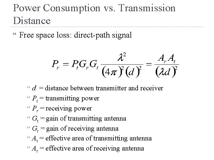 Power Consumption vs. Transmission Distance Free space loss: direct-path signal d = distance between