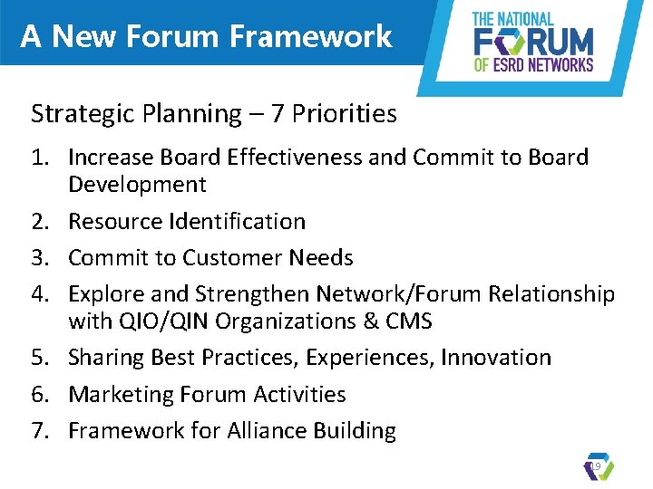 A New Forum Framework Strategic Planning – 7 Priorities 1. Increase Board Effectiveness and