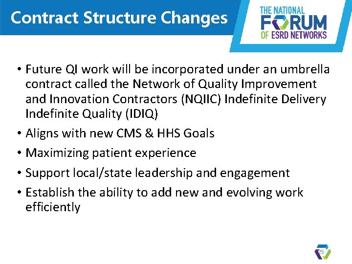 Contract Structure Changes • Future QI work will be incorporated under an umbrella contract