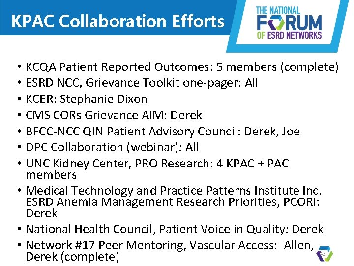 KPAC Collaboration Efforts KCQA Patient Reported Outcomes: 5 members (complete) ESRD NCC, Grievance Toolkit