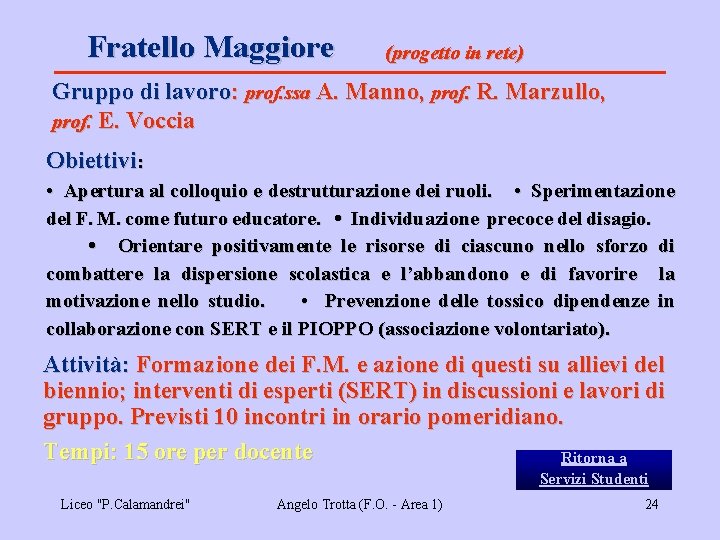 Fratello Maggiore (progetto in rete) Gruppo di lavoro: prof. ssa A. Manno, prof. R.