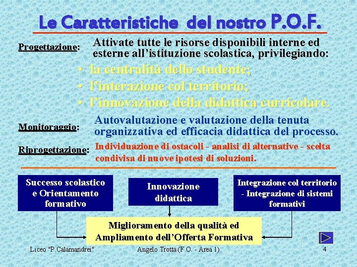 Le Caratteristiche del nostro P. O. F. Progettazione: Attivate tutte le risorse disponibili interne