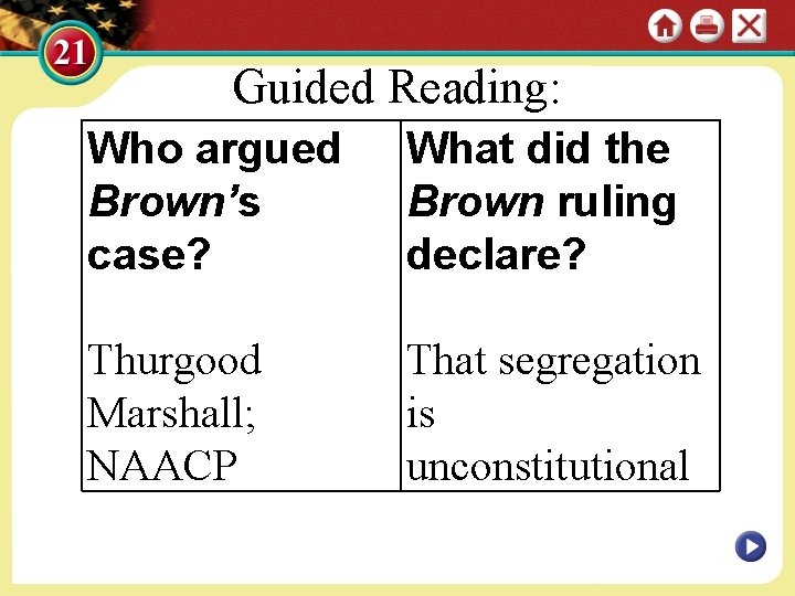 Guided Reading: Who argued Brown’s case? What did the Brown ruling declare? Thurgood Marshall;
