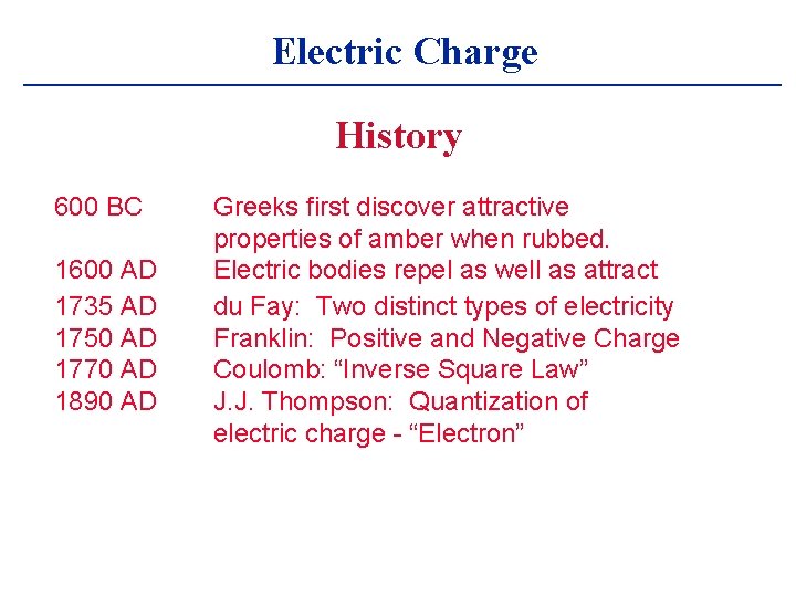 Electric Charge History 600 BC 1600 AD 1735 AD 1750 AD 1770 AD 1890