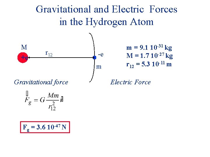 Gravitational and Electric Forces in the Hydrogen Atom M +e r 12 -e m