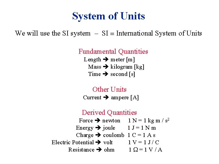 System of Units We will use the SI system – SI International System of