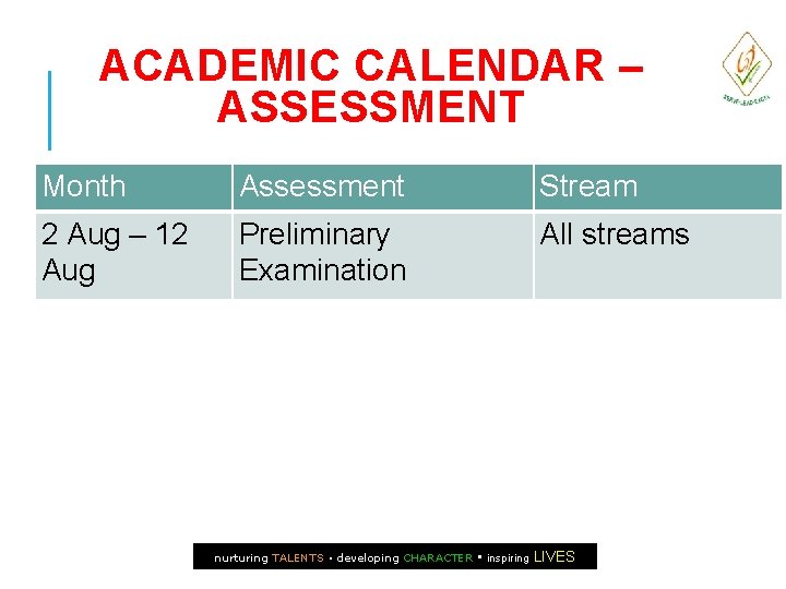 ACADEMIC CALENDAR – ASSESSMENT Month Assessment Stream 2 Aug – 12 Aug Preliminary Examination