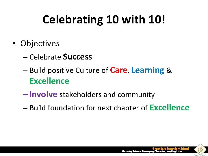 Celebrating 10 with 10! • Objectives – Celebrate Success – Build positive Culture of