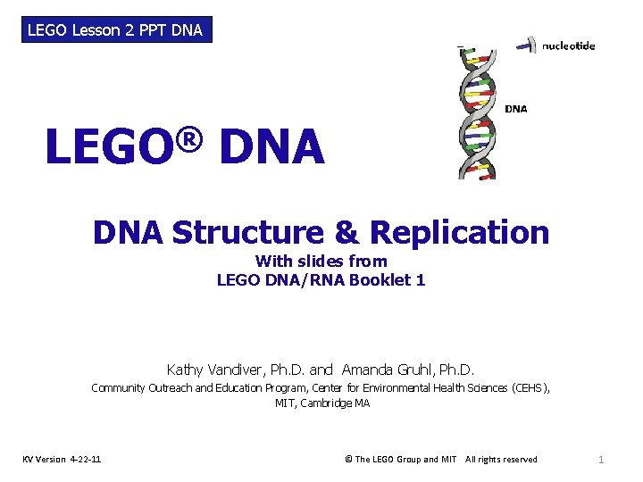 LEGO Lesson 2 PPT DNA ® LEGO DNA Structure & Replication With slides from