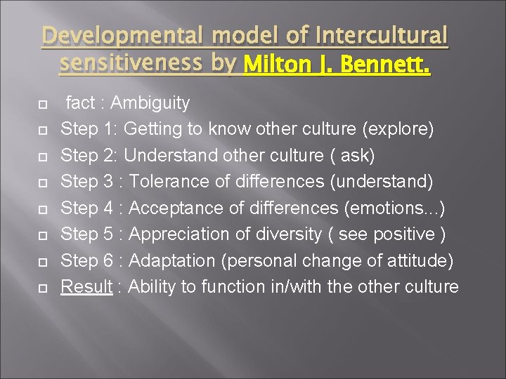 Developmental model of Intercultural sensitiveness by Milton J. Bennett. fact : Ambiguity Step 1: