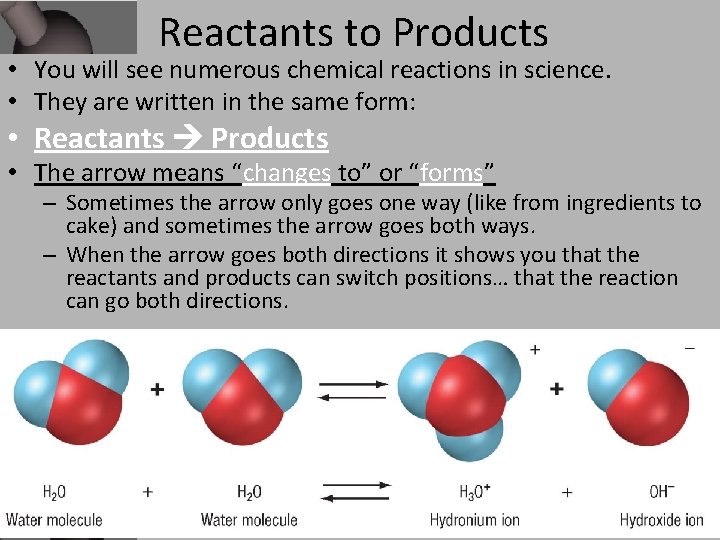 Reactants to Products • You will see numerous chemical reactions in science. • They