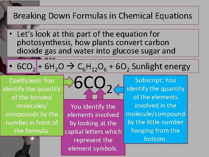 Breaking Down Formulas in Chemical Equations • Let’s look at this part of the