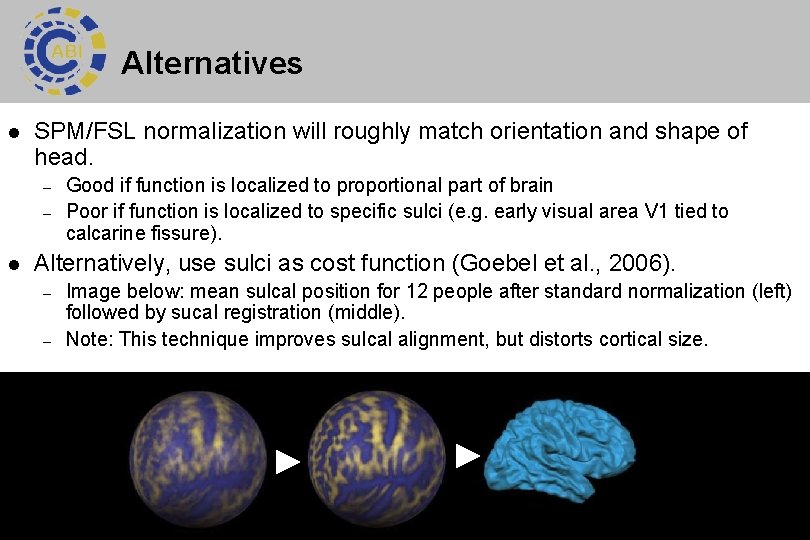 Alternatives l SPM/FSL normalization will roughly match orientation and shape of head. – –