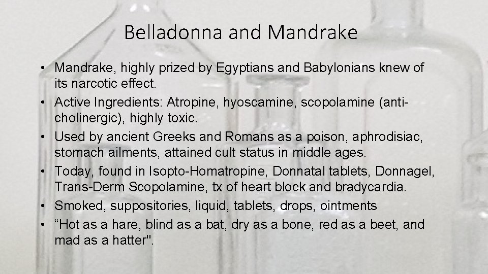 Belladonna and Mandrake • Mandrake, highly prized by Egyptians and Babylonians knew of its