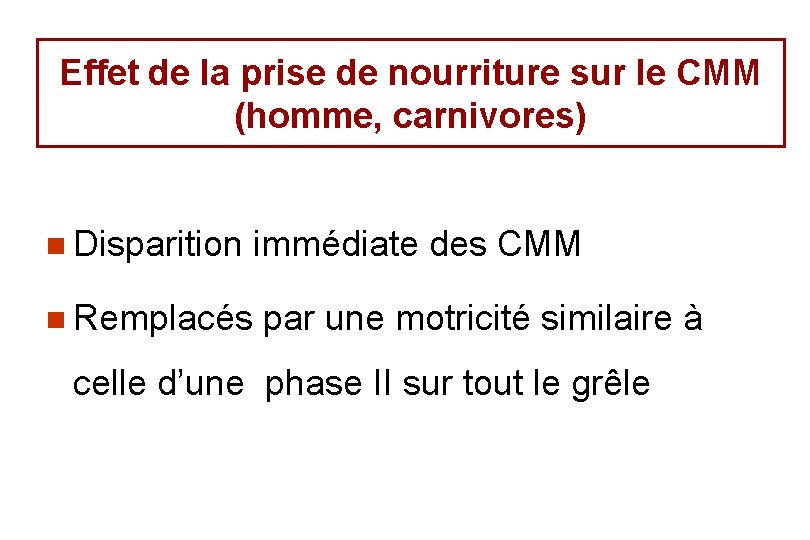 Effet de la prise de nourriture sur le CMM (homme, carnivores) n Disparition immédiate