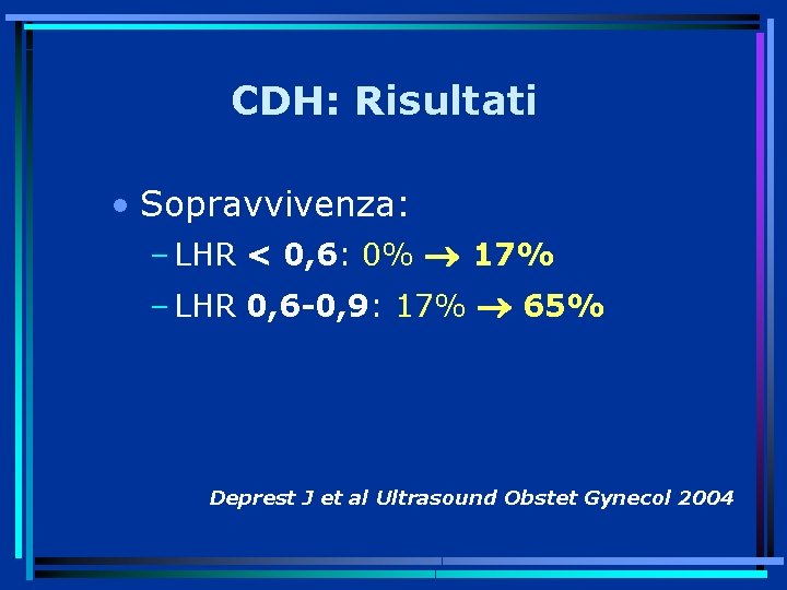 CDH: Risultati • Sopravvivenza: – LHR < 0, 6: 0% 17% – LHR 0,