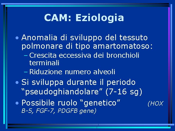CAM: Eziologia • Anomalia di sviluppo del tessuto polmonare di tipo amartomatoso: – Crescita