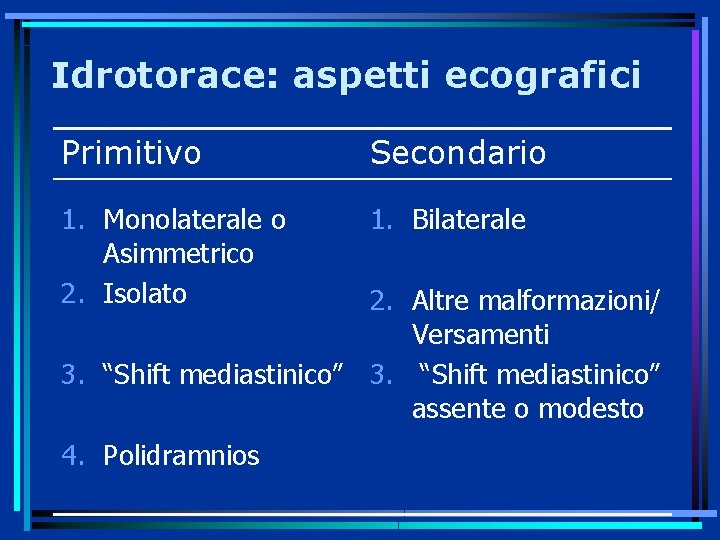 Idrotorace: aspetti ecografici Primitivo Secondario 1. Monolaterale o Asimmetrico 2. Isolato 1. Bilaterale 2.