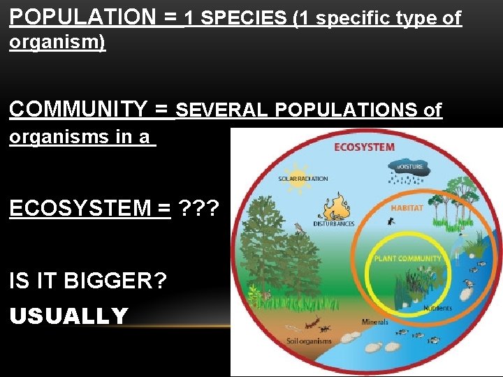 POPULATION = 1 SPECIES (1 specific type of organism) COMMUNITY = SEVERAL POPULATIONS of
