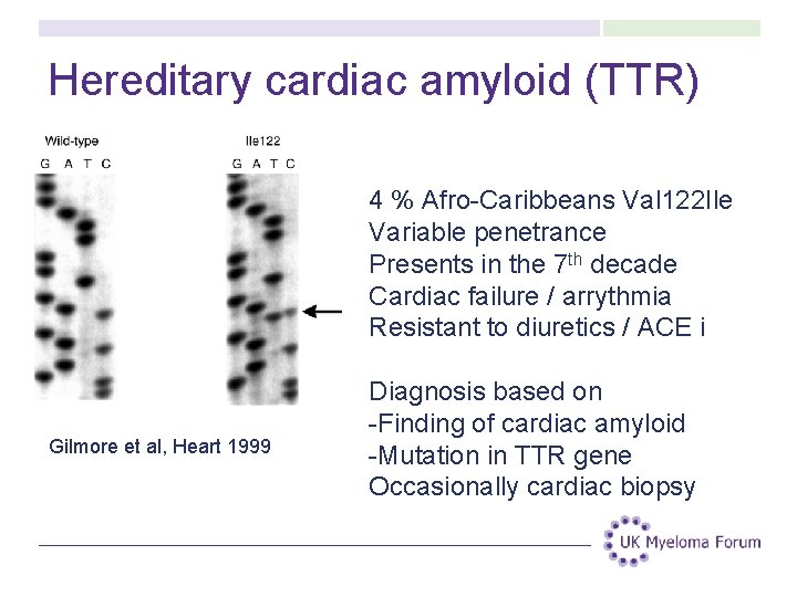 Hereditary cardiac amyloid (TTR) 4 % Afro-Caribbeans Val 122 Ile Variable penetrance Presents in Hereditary cardiac amyloid (TTR) 4 % Afro-Caribbeans Val 122 Ile Variable penetrance Presents in