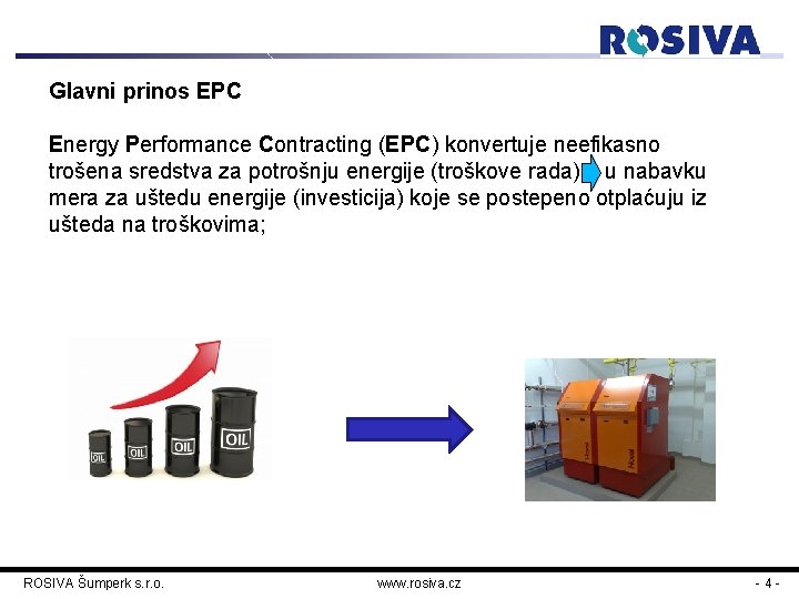 Glavni prinos EPC Energy Performance Contracting (EPC) konvertuje neefikasno trošena sredstva za potrošnju energije