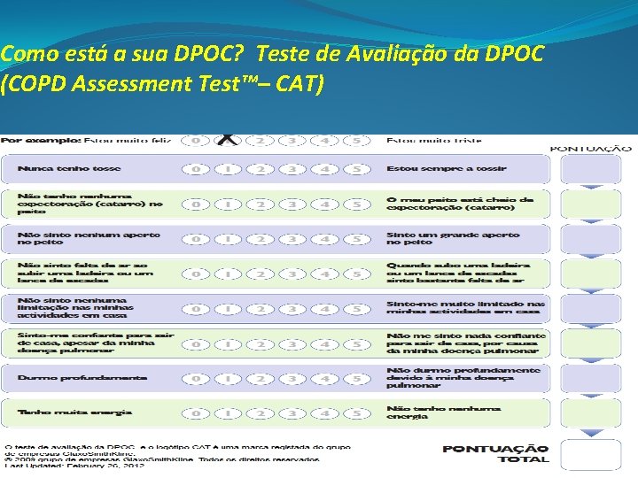 Como está a sua DPOC? Teste de Avaliação da DPOC (COPD Assessment Test™– CAT)