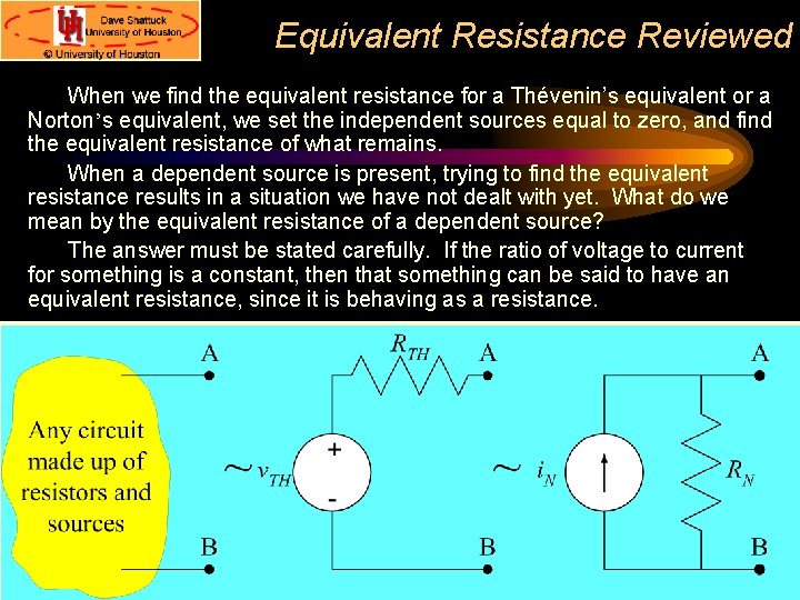 Equivalent Resistance Reviewed When we find the equivalent resistance for a Thévenin’s equivalent or