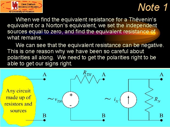 Note 1 When we find the equivalent resistance for a Thévenin’s equivalent or a