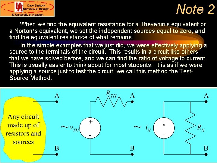 Note 2 When we find the equivalent resistance for a Thévenin’s equivalent or a