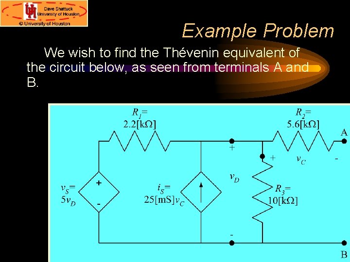 Example Problem We wish to find the Thévenin equivalent of the circuit below, as