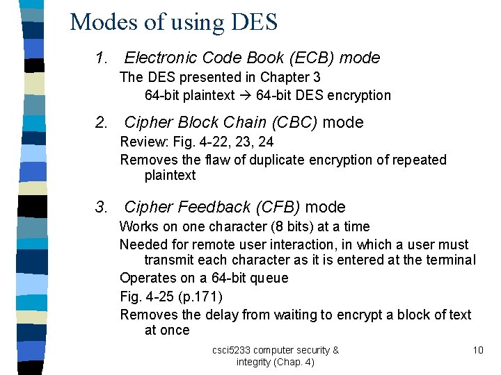 Modes of using DES 1. Electronic Code Book (ECB) mode The DES presented in