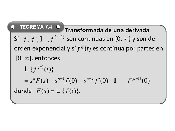 TEOREMA 7. 4 Transformada de una derivada Si son continuas en [0, ) y TEOREMA 7. 4 Transformada de una derivada Si son continuas en [0, ) y