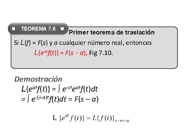 TEOREMA 7. 6 Primer teorema de traslación Si L{f} = F(s) y a cualquier TEOREMA 7. 6 Primer teorema de traslación Si L{f} = F(s) y a cualquier