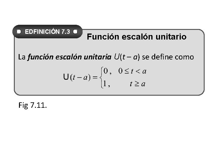 EDFINICIÓN 7. 3 Función escalón unitario La función escalón unitaria U(t – a) se EDFINICIÓN 7. 3 Función escalón unitario La función escalón unitaria U(t – a) se