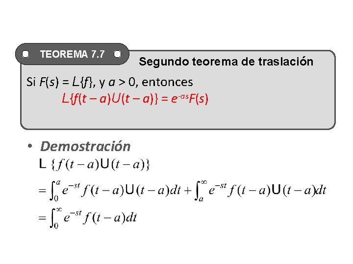 TEOREMA 7. 7 Segundo teorema de traslación Si F(s) = L{f}, y a > TEOREMA 7. 7 Segundo teorema de traslación Si F(s) = L{f}, y a >