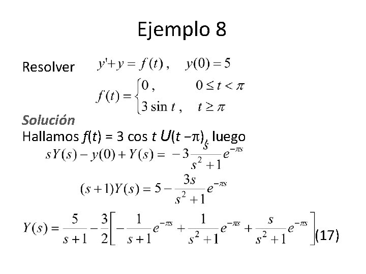 Ejemplo 8 Resolver Solución Hallamos f(t) = 3 cos t U(t − ), luego Ejemplo 8 Resolver Solución Hallamos f(t) = 3 cos t U(t − ), luego