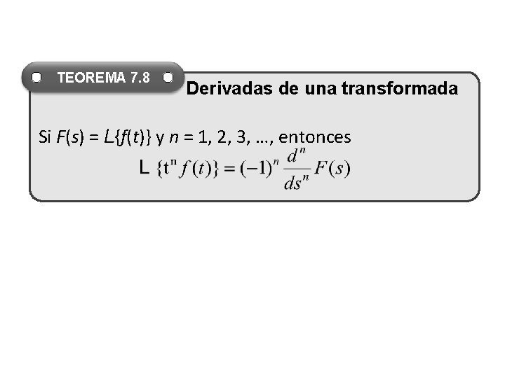 TEOREMA 7. 8 Derivadas de una transformada Si F(s) = L{f(t)} y n = TEOREMA 7. 8 Derivadas de una transformada Si F(s) = L{f(t)} y n =