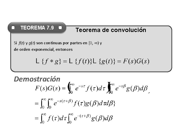 TEOREMA 7. 9 Teorema de convolución Si f(t) y g(t) son continuas por partes TEOREMA 7. 9 Teorema de convolución Si f(t) y g(t) son continuas por partes