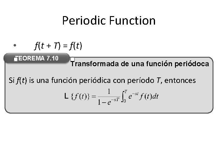 Periodic Function • f(t + T) = f(t) TEOREMA 7. 10 Transformada de una Periodic Function • f(t + T) = f(t) TEOREMA 7. 10 Transformada de una