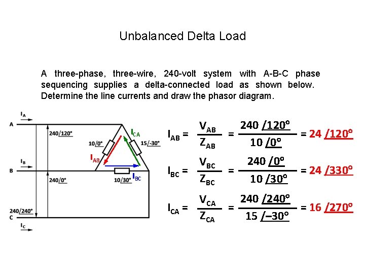 Unbalanced Delta Load A three-phase, three-wire, 240 -volt system with A-B-C phase sequencing supplies