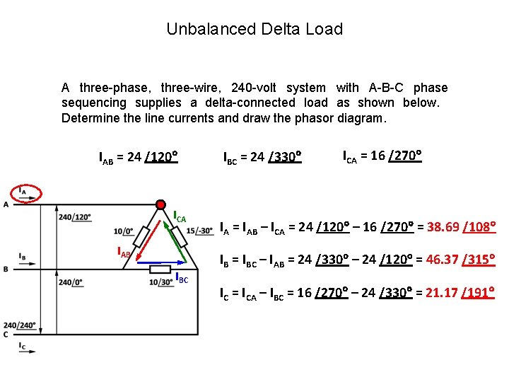 Unbalanced Delta Load A three-phase, three-wire, 240 -volt system with A-B-C phase sequencing supplies